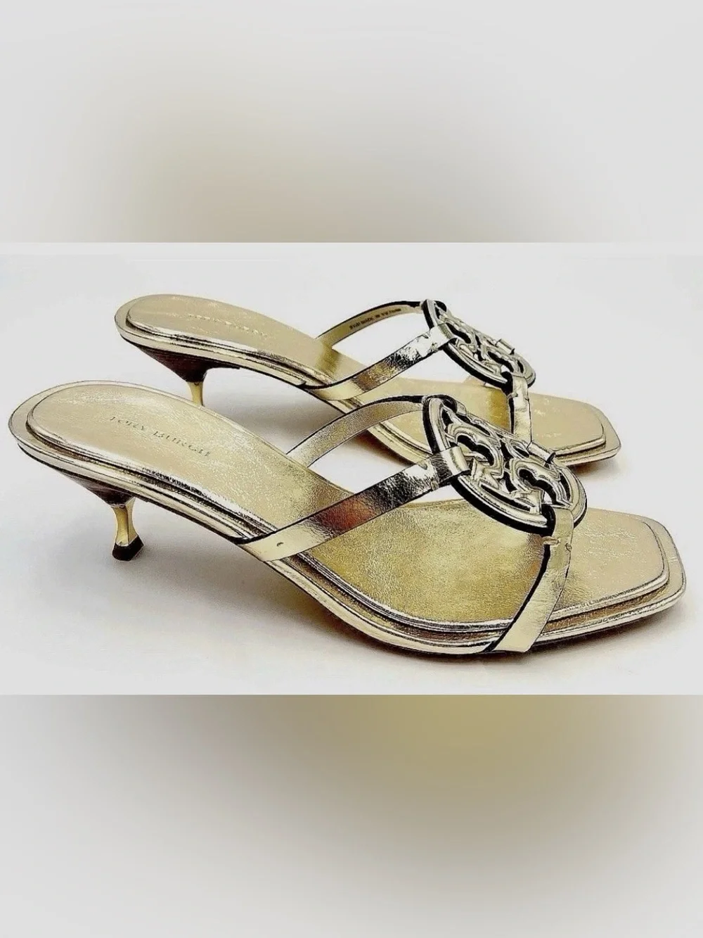 Tory Burch Metallic Gold Logo Kitten-Heel Slide Sandals